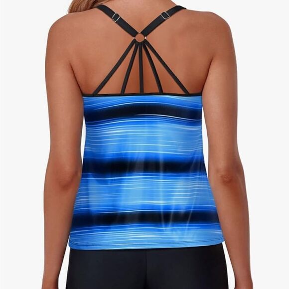 NWT Yonique Women’s Blue And Black Stripe Tankini Swim Top, Size S - Picture 3 of 10